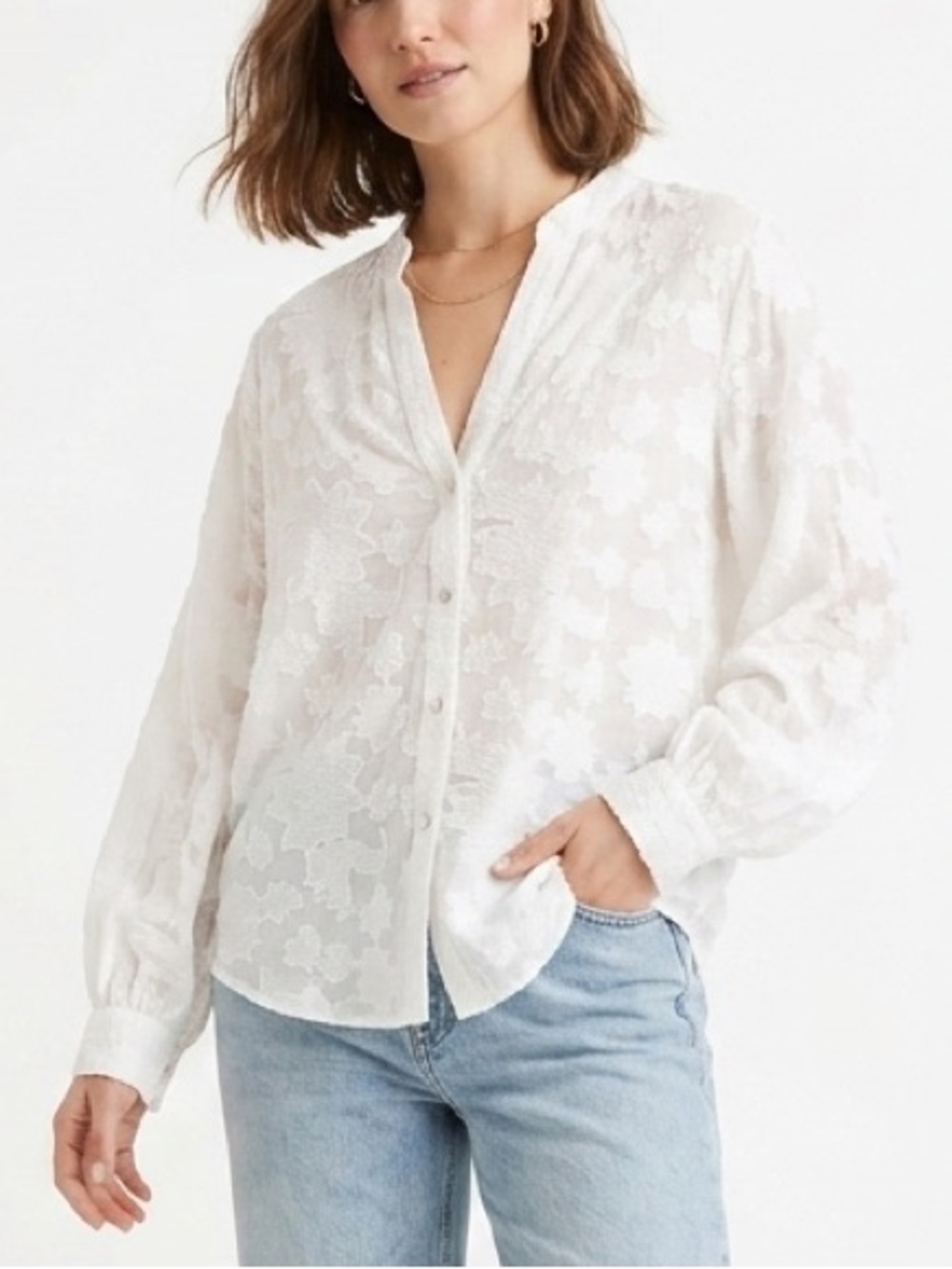 Zara White Sheer Floral Jacquard Button-Up Blouse 263 work travel trendy party